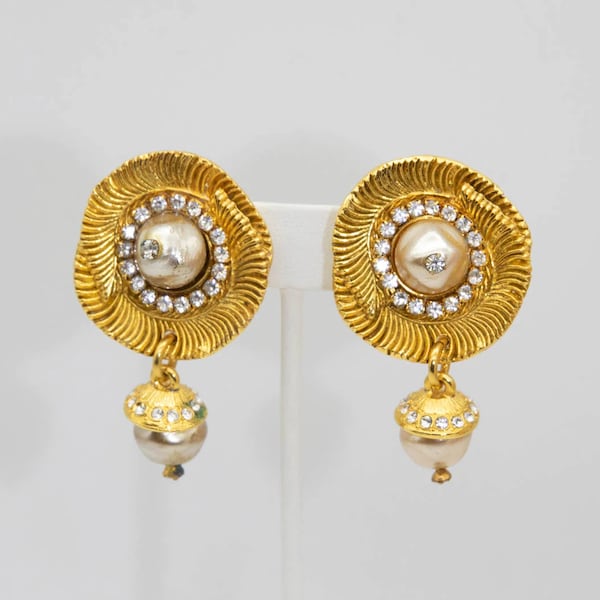 Vintage Claire Deve Paris Golden Disk and Rhinestone Earrings - JD10978