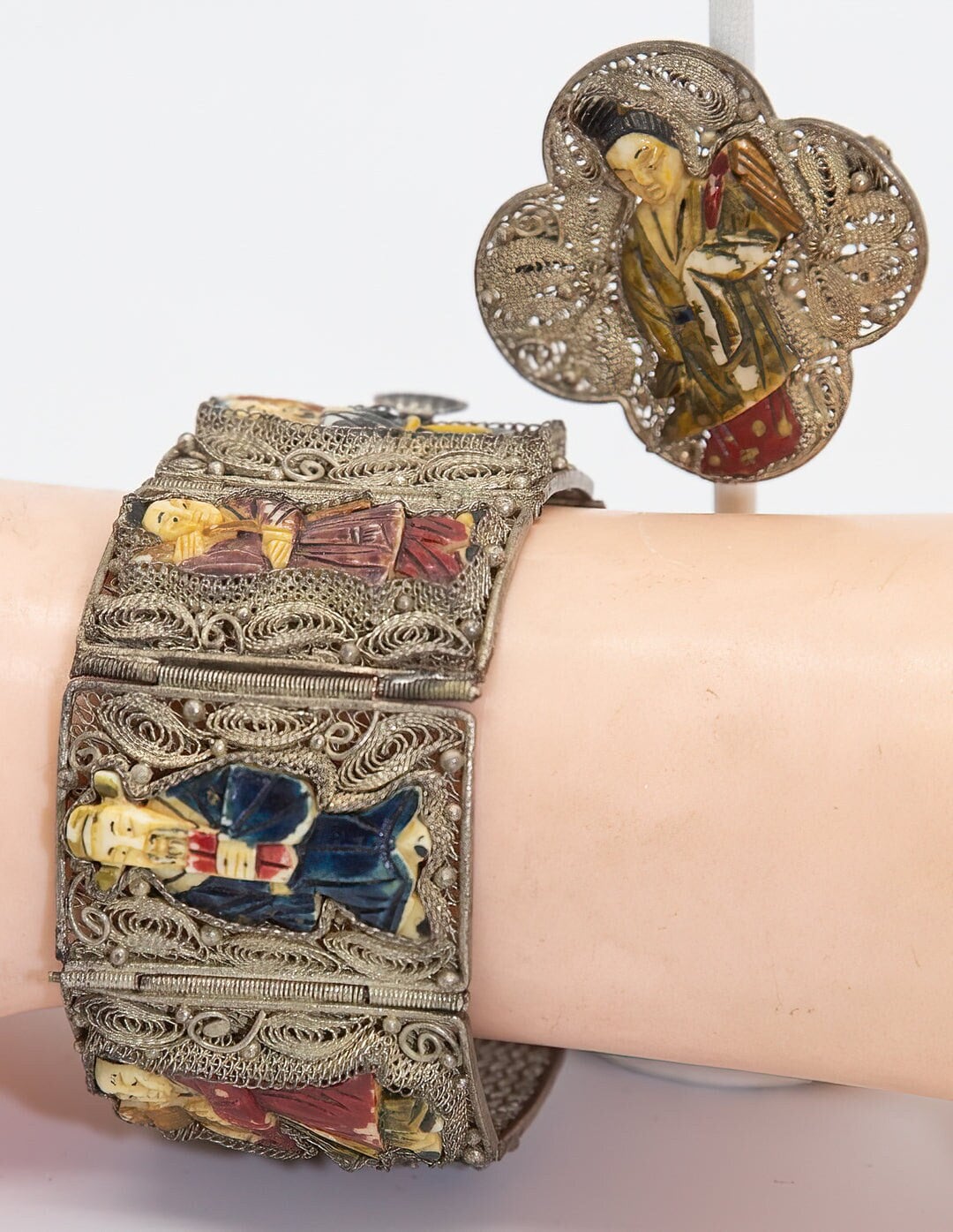 Very Vintage Bracelet and Pin With Asian Detailed Figures