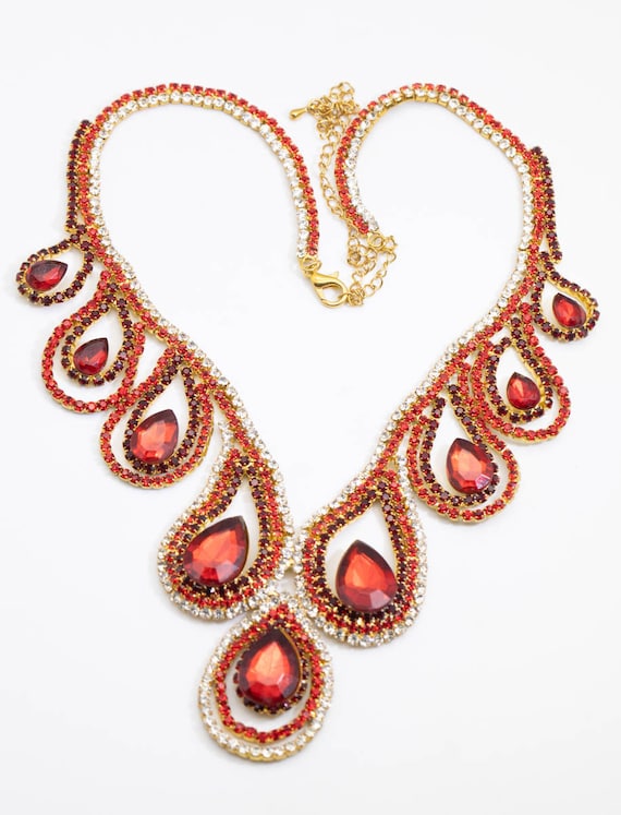 Vintage 50s Cherry Red Rhinestone Necklace - JD11… - image 1