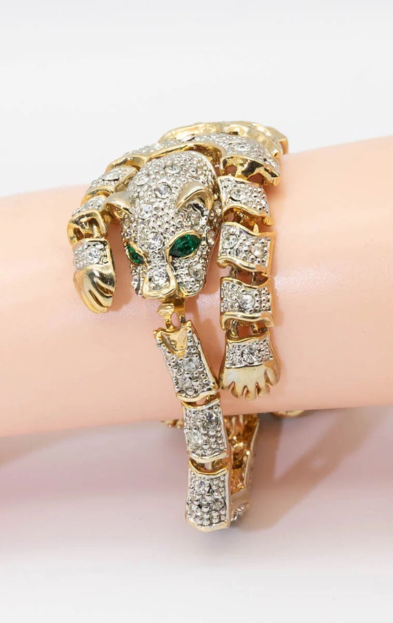 Vintage Articulated Leopard Rhinestone Bracelet - 