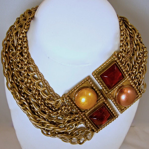 Vintage Signed Isabel Canovas French Multi-Chain and Gripoix Glass Necklace (CH-9749)