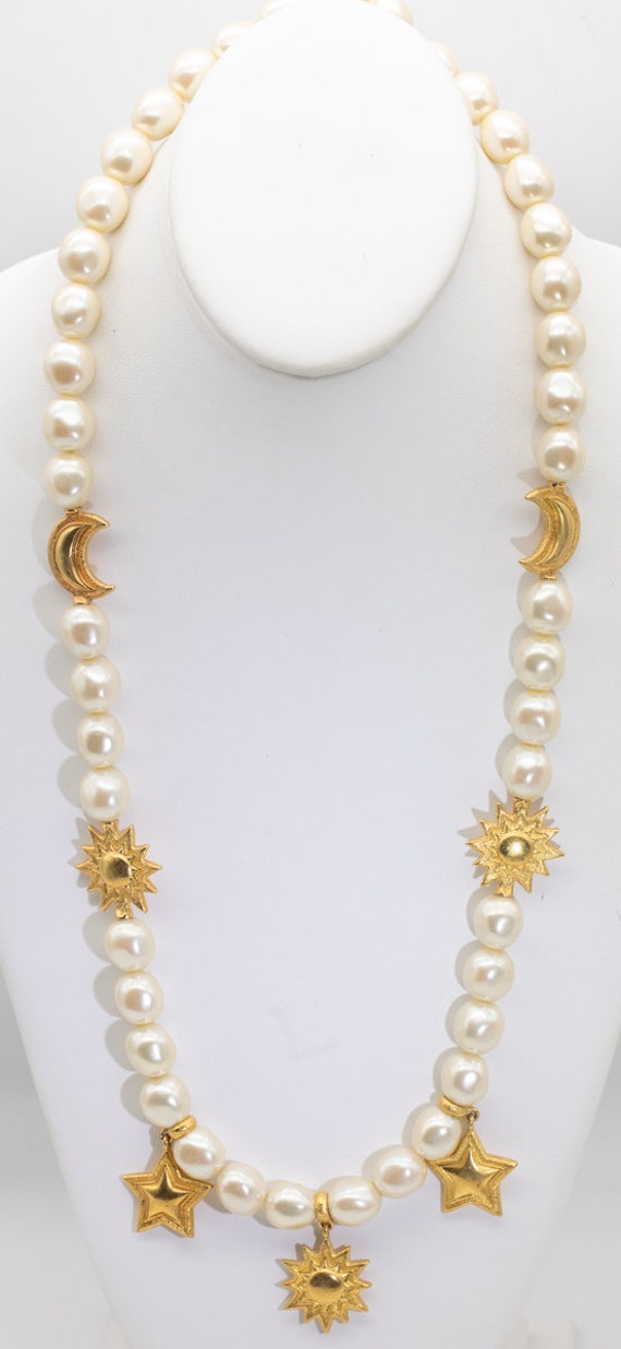 Signed Sung Sun, Moon & Stars Faux Pearl Necklace 