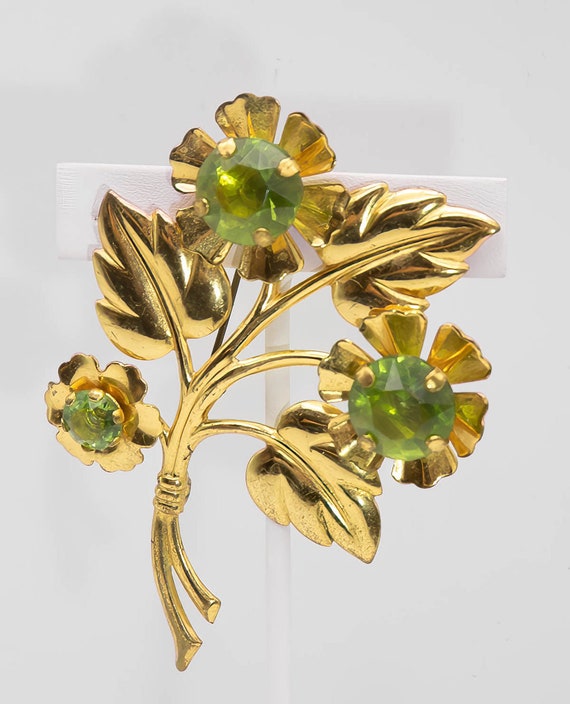 Vintage Golden Flower Spray with Green Stones Pin 