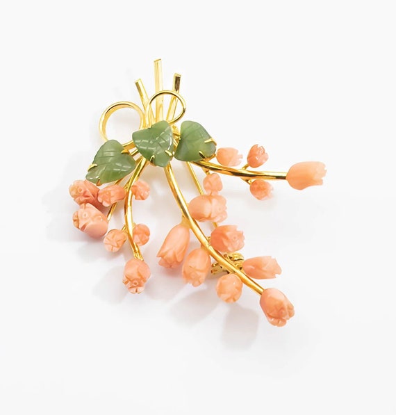 Vintage Coral Jade Floral Pin  - JD11044 - image 2