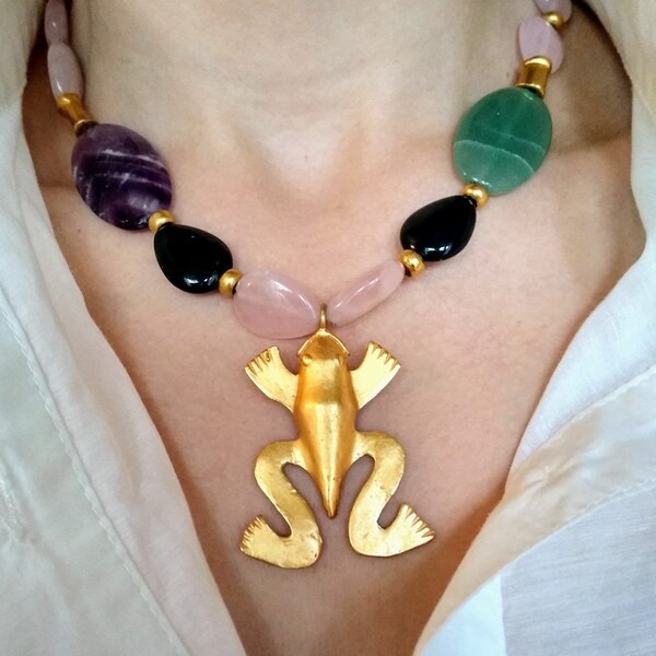Frog Pre-Columbian Gold Plated and StoneGlass Necklace