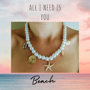 Beach Charm Necklace – Pearl Beaded Summer Jewelry with Starfish, Shell & Coin Charms, Coastal Gift for Her