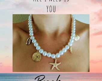 Beach Charm Necklace – Pearl Beaded Summer Jewelry with Starfish, Shell & Coin Charms, Coastal Gift for Her