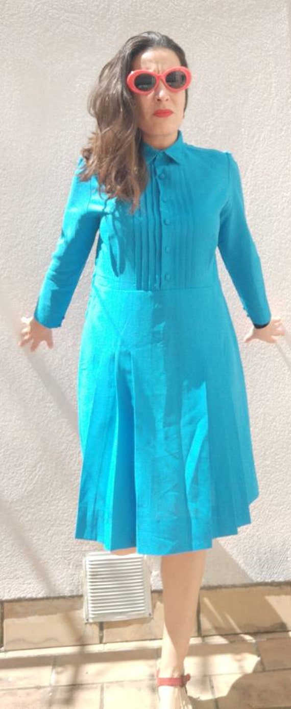 Blue pleated dress 60-70 years - image 3