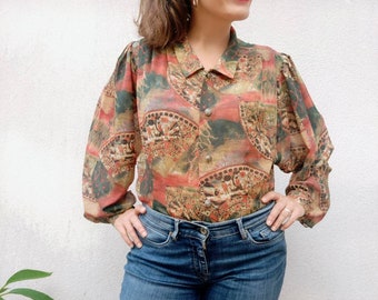 Obediencia Inmunidad Hasta 80s Blouse Printed With Fans - Etsy New Zealand