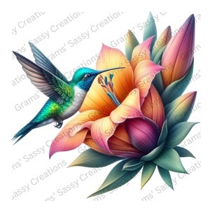 May include: A vibrant illustration of a hummingbird in flight, approaching a large, colorful flower. The bird has iridescent blue, green, and turquoise feathers. The flower features petals in shades of orange, pink, and purple, with green leaves. The artwork is set against a white background.