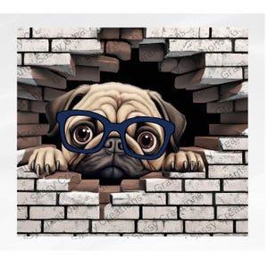 May include: A pug dog wearing blue-rimmed glasses peeks through a hole in a brick wall. The dog's eyes are wide and curious, and its paws are resting on the edge of the hole.