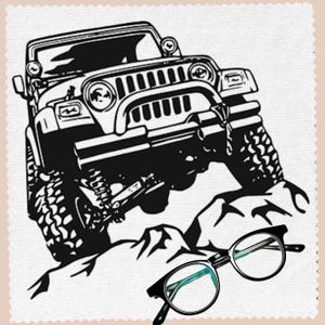 May include: Black and white illustration of a Jeep driving over rocks. The Jeep has large tires and a front bumper with a winch.