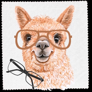May include: A brown alpaca with a friendly expression wearing brown glasses. A pair of black glasses are lying on the ground in front of the alpaca.