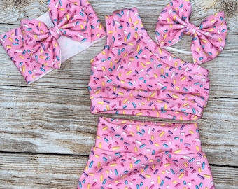 Sweet Sprinkles Baby Girl Bummie Set, Baby Girl Bummies, High Waisted Shorts, Bloomers/ One Shoulder Crop Top/ Top, Bummies and Bow Set