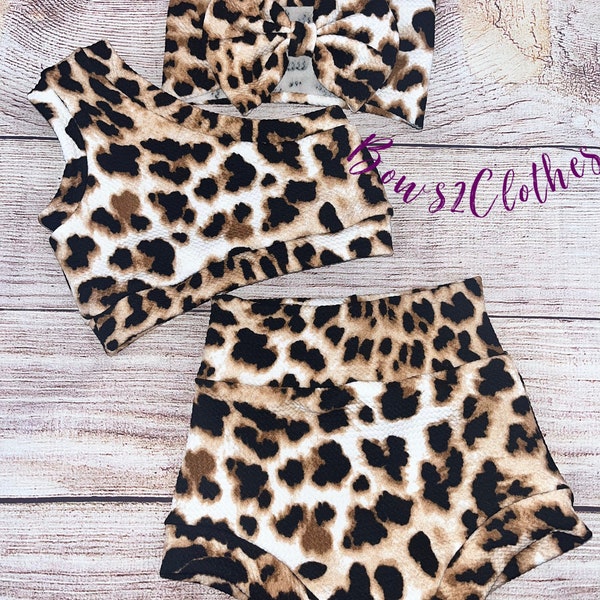 Animal Print/ Cheetah/ Leopard Baby Girl Outfit/ One Shoulder Crop Top/ Bummie and Headwrap or Bow On Nylon