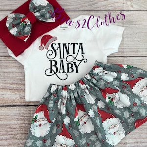 SantaBaby/ Baby Girl Christmas Outfit/ Santa Baby/ Top, Skirt and Bow Set/ Santa Claus