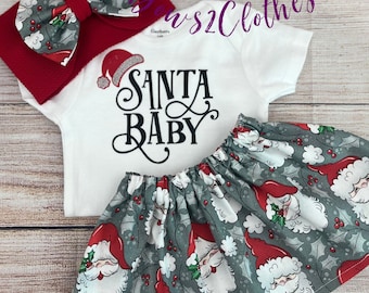 Baby Girl Christmas Outfit: Santa Baby Top, Skirt & Bow Set