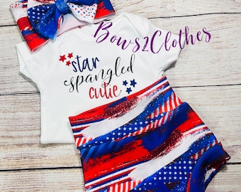 4th of July Baby Outfit: Brushstroke Bummies, Top & Headwrap