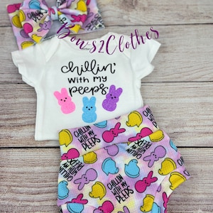 Easter Peeps Baby Bummies Set: Bodysuit & Headwrap Bow