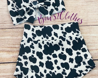 Cow Spots High Waisted Bummies with Bow Headwrap