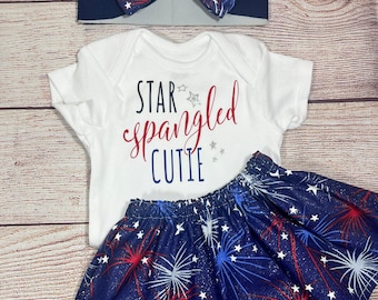 4th of July Baby Outfit: Star Spangled Skirt, Top & Bow Set