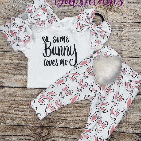 Some Bunny Loves Me/ Baby Girl Easter Outfit/ Bunny Cotton Tail/ Top, Leggings and Bow Set