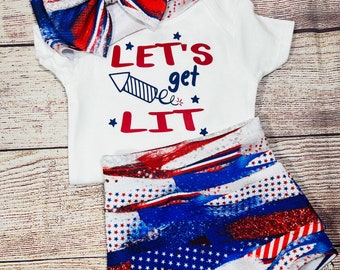 4th of July Baby Outfit: Brushstroke Bummies, Bodysuit & Headwrap Set