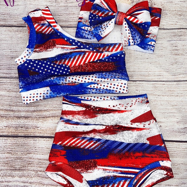 4th of July Red, White and Blue Brushstroke Baby Girl Outfit/ Matching  One Shoulder Crop Top/ Bummie and Headwrap or Bow On Nylon