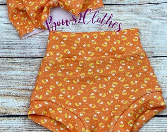 Candy Corn / Halloween High Waisted Bummies / Baby Girl High Waisted Shorts / Bummies and Headwrap Bow Set