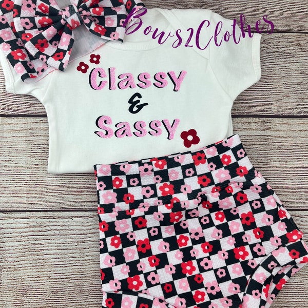 Classy and Sassy/ Flower Cute Bummies/ Baby Girl High Waisted Shorts/ Bummies / Bodysuit and Headwrap Set