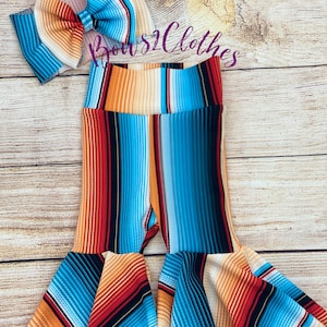 Blue/ Orange Serape Baby Girl Bell Bottoms and Bow Set