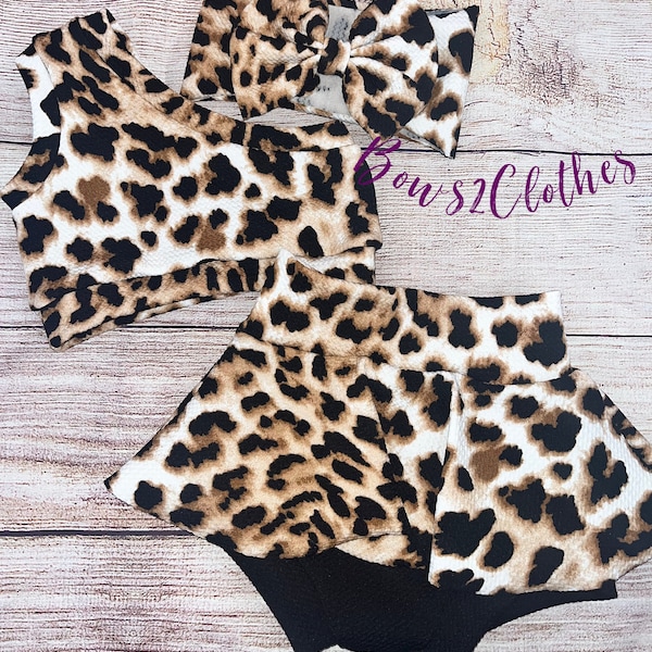 Leopard Baby Outfit: One-Shoulder Crop Top, Skirted Bummie & Bow