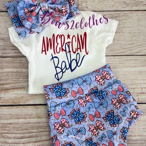 American Babe/ Red, white& Blue bows/ 4th of July/ High Waisted Bummies, Bodysuit and Headwrap Bow Set