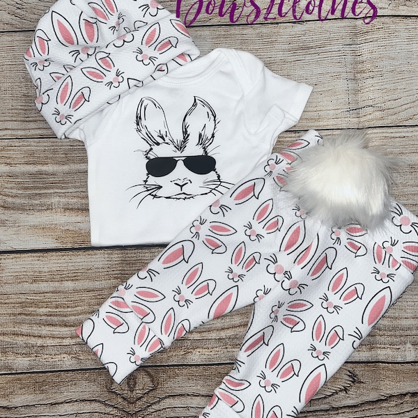 Bunny Sunglasses Baby Boy Outfit/ Easter Oufit/ Top, Pant and Hat Set