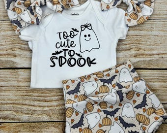 Ghost Bummies & Headwrap Bow Set: Baby Girl Halloween Outfit