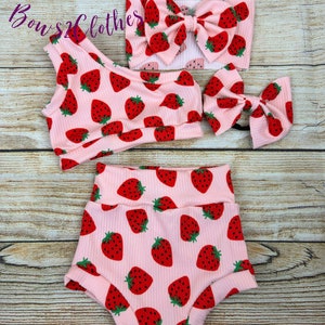 Strawberry Ribbed Baby Outfit: One-Shoulder Top, Bummie & Headwrap
