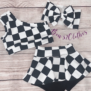 Black and White Checkered Baby Girl Outfit/ One Shoulder Crop Top/ Skirted Bummie and Headwrap or Bow On Nylon