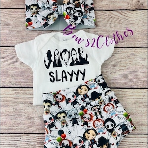 Halloween Horror Halloween High Waisted Bummies/ Baby Girl High Waisted Shorts/ Bummies and Headwrap Bow Set