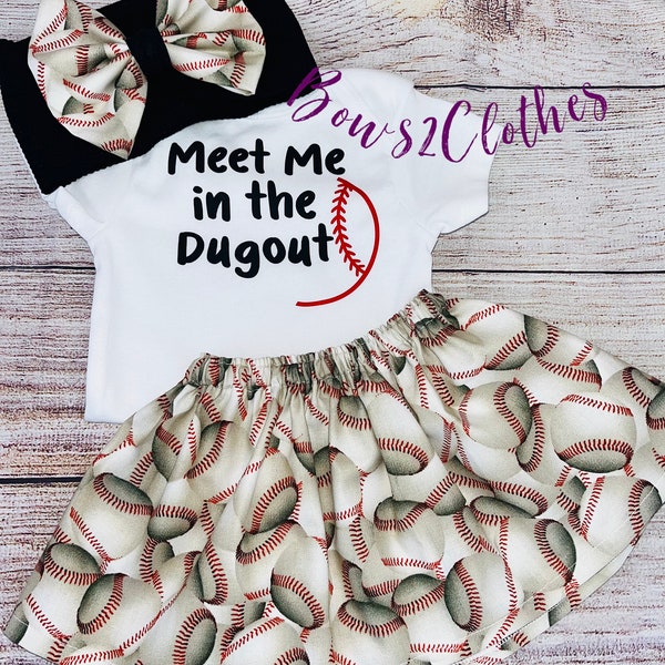 Meet me in the Dugout/ Baby Girl Baseball Outfit/ Bodysuit, Skirt and Skirt