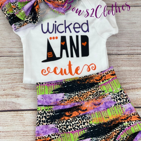 Wicked and Cute/ Halloween Brushstroke High Waisted Bummies/ Baby Girl High Waisted Shorts/ Top, Bummies and Headwrap Bow Set