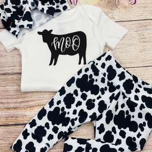 Cow spots/ Cow Print/ Baby Girl Top, Leggings and Bow set/ Baby tights/ Baby Joggers