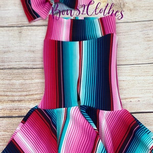 Pink& Teal Serape Baby Girl Bell Bottoms and Bow Set