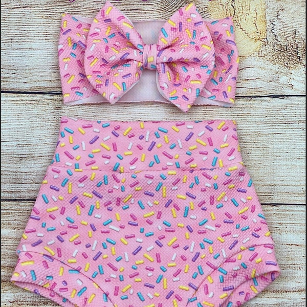 Sweet Sprinkles Baby Girl Bummie Set/ Baby Girl Bummies/ High Waisted Shorts/ Bloomers Bummies and Bow Set