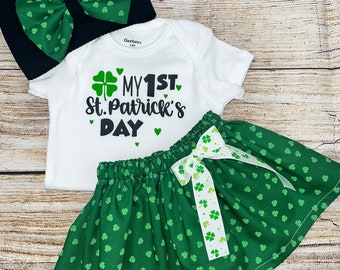 My 1st St. Patrick’s Day Baby Girl Outfit/ Shamrock Skirt/ Top, Skirt and Bow Set