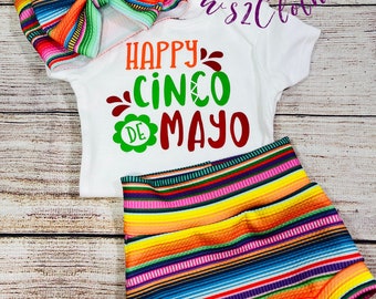 Happy Cinco De Mayo/ Serape striped High Waisted Bummies/ Baby Girl High Waisted Shorts/ Top, Bummies and Bow Headwrap