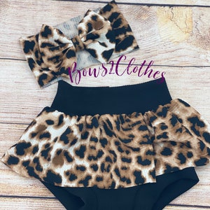 Animal Print/ Leopard High Waisted Bummies/ Baby Girl High Waisted Skirted Bummies and Headwrap Bow Set