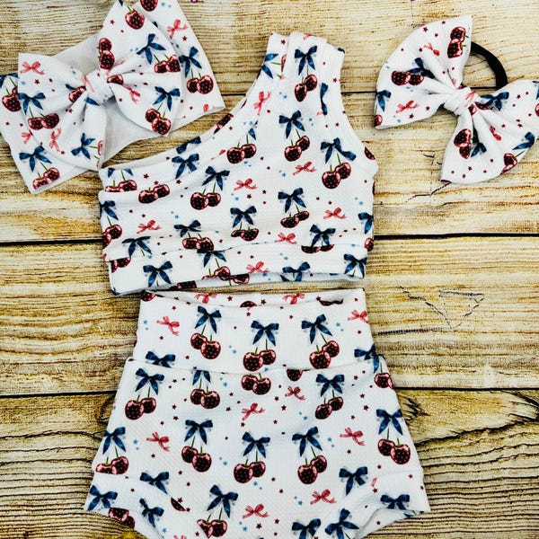 Red Cherry Bow Baby Outfit: 4th of July Crop Top, Bummie & Headwrap