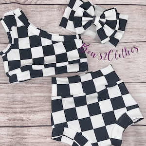 Black and White Checkered Baby Girl Outfit/ One Shoulder Crop Top/ Bummie and Headwrap or Bow On Nylon