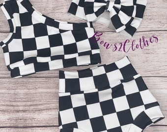 Black and White Checkered Baby Girl Outfit/ One Shoulder Crop Top/ Bummie and Headwrap or Bow On Nylon