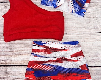 4th of July Baby Outfit: Red Crop Top, Brushstroke Bummie & Headwrap